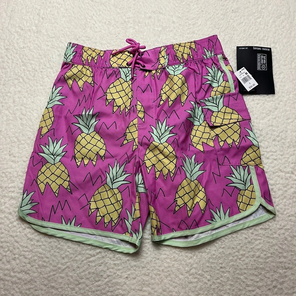 Reverse Threads Swim Trunks Mens Small Pink Pineapple Print‎ Cargo Shorts